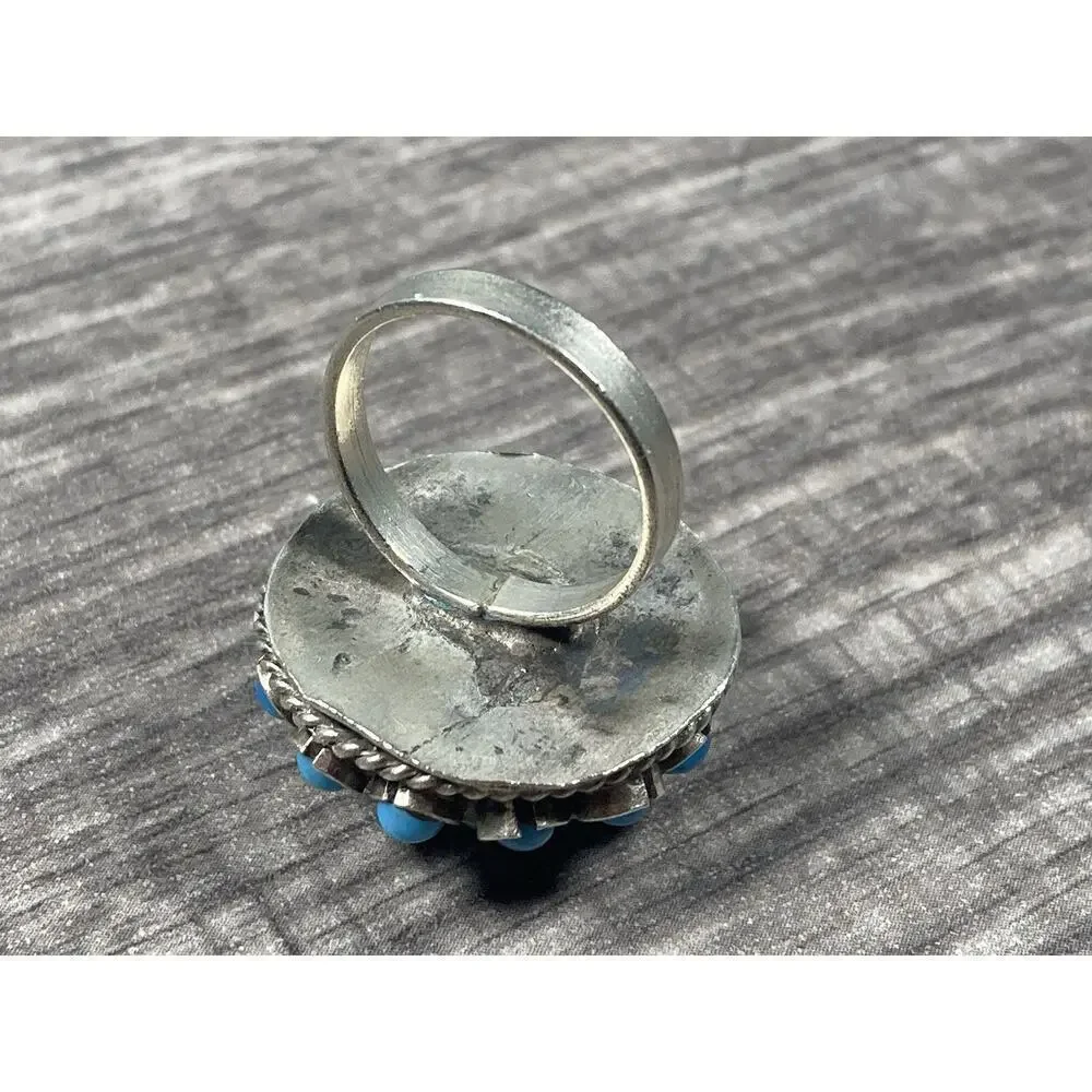 Vintage Atomic Sputnik Ring Blue Cabochon Cluster Silver Tone Size 6